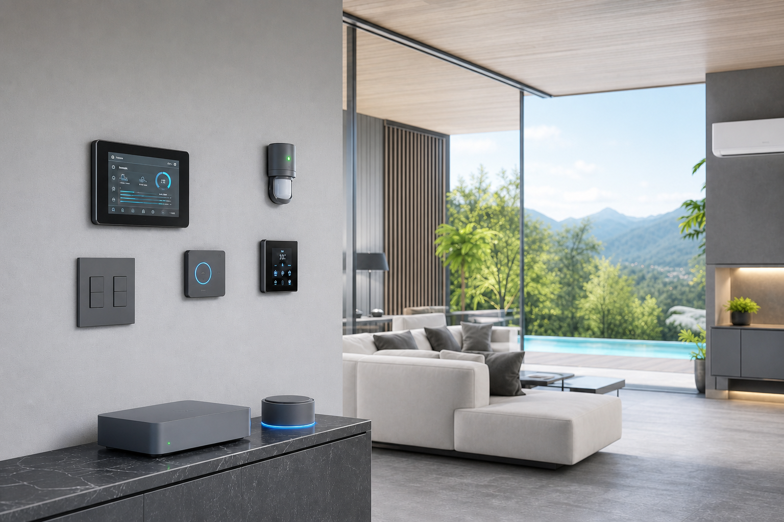 Hogar contemporáneo con control local, climatización, seguridad e iluminación inteligente