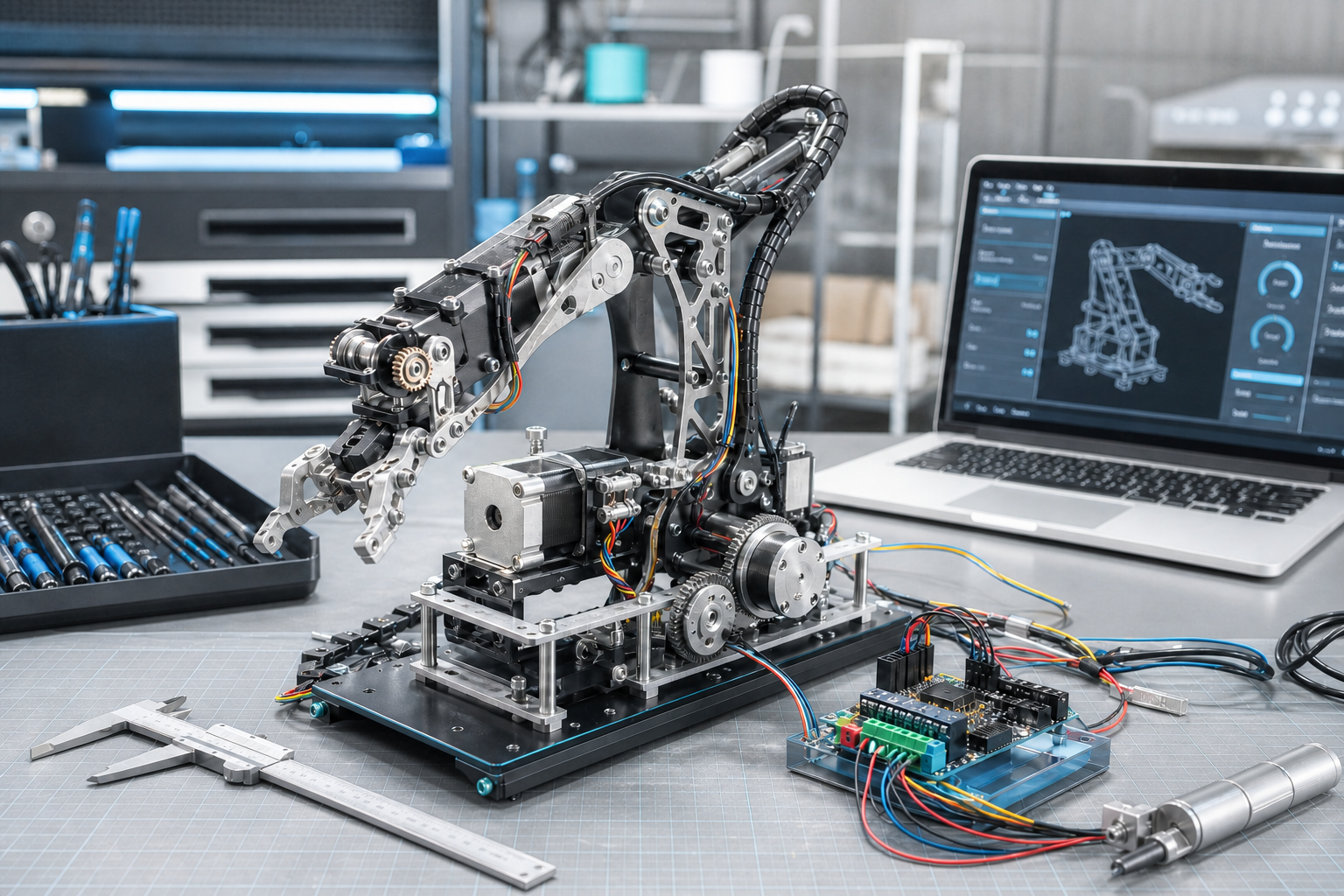 Prototipo mecatrónico con mecanismo robótico, motores, sensores y electrónica de control