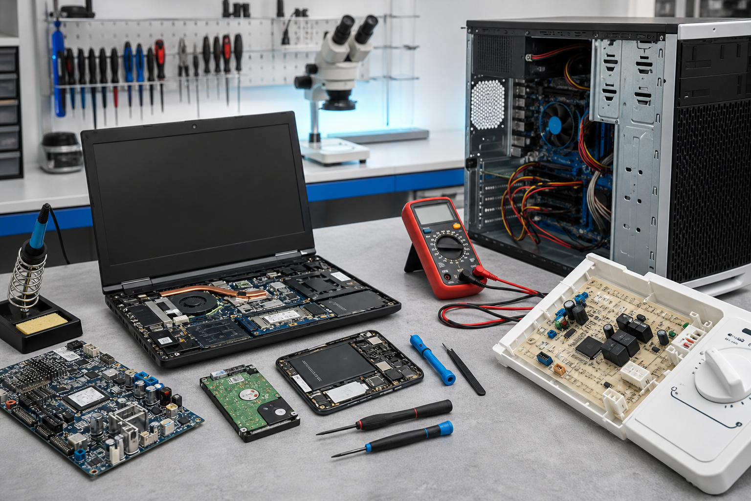 Banco técnico para diagnóstico y reparación de computadores, celulares y electrónica