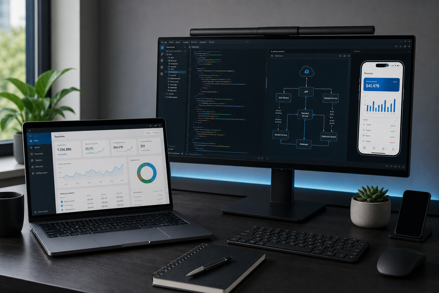 Estación de trabajo con una aplicación web, código e integración móvil
